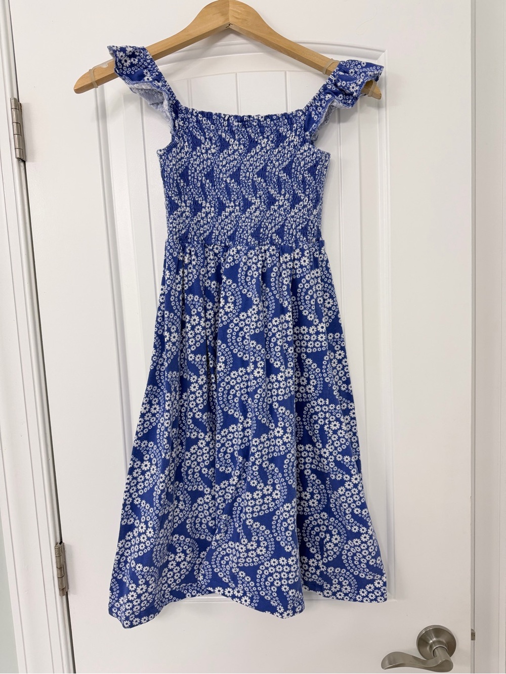Mini Boden Blue Floral Smocked Dress Girls 11-12Y Flutter Sleeve Midi
